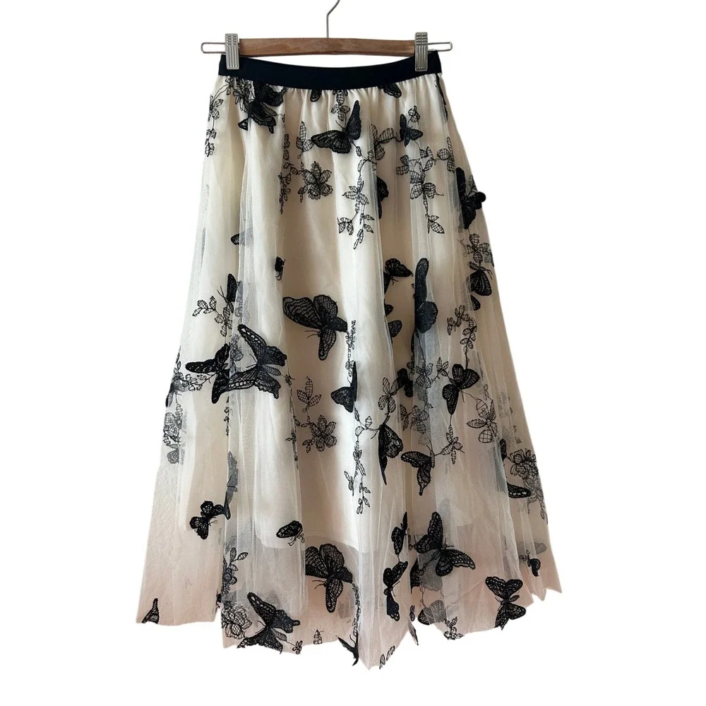 Tulle Midi Skirt Sz S White Black Butterfly Embroidered Mesh Fairy Y2K Ethereal
